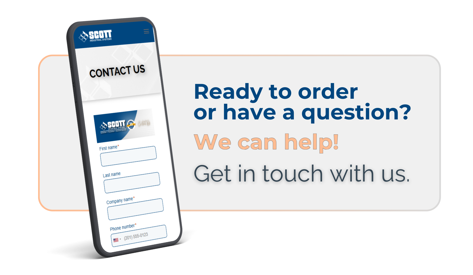 A box with a phone screen and text saying Ready to Order or have a question?