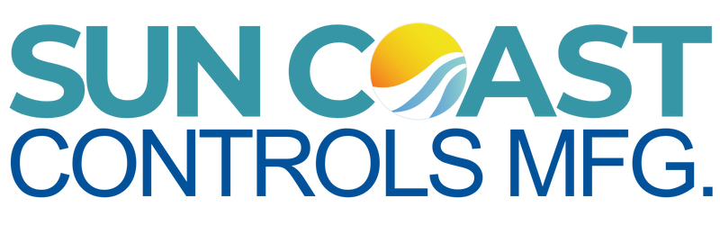 The sun coast controls mfg logo is blue and yellow and says sun coast controls mfg.