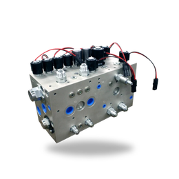 A hydraulic valve with red wires attached to it on a white background.