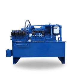 A blue hydraulic system with a motor and filter on a white background.