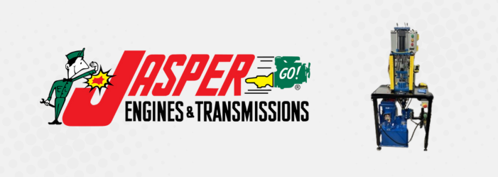 A logo for jasper engines and transmissions with a man standing next to a machine.