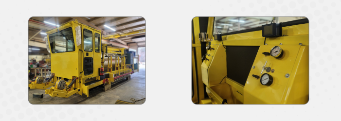 A picture of a yellow train and a picture of the inside of a train.