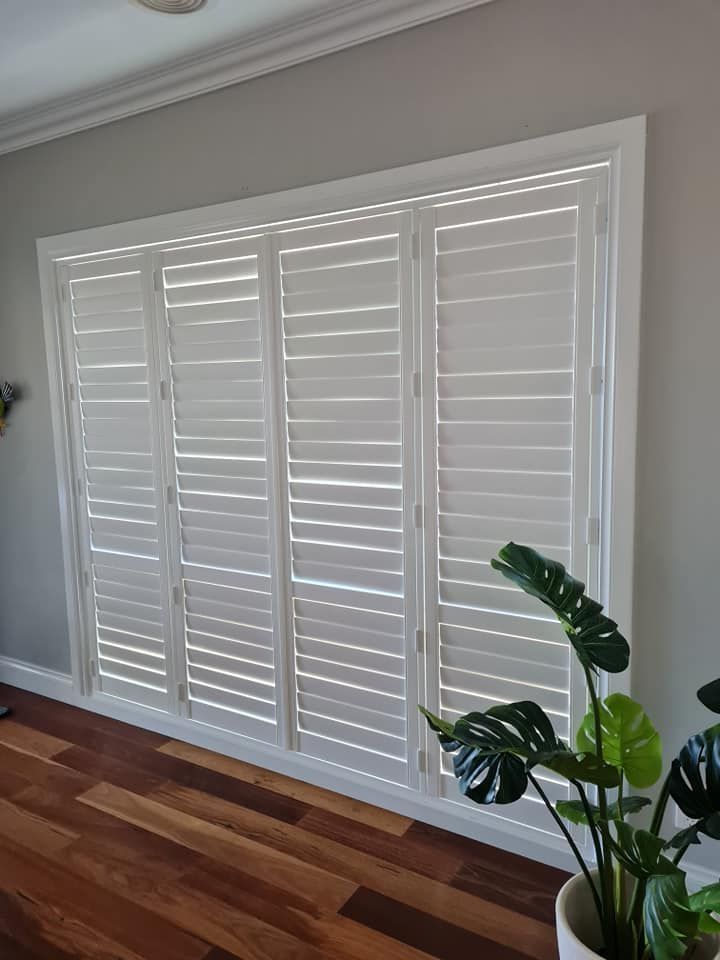 White shutters on a window frame, with a plant in the foreground and wooden floor.