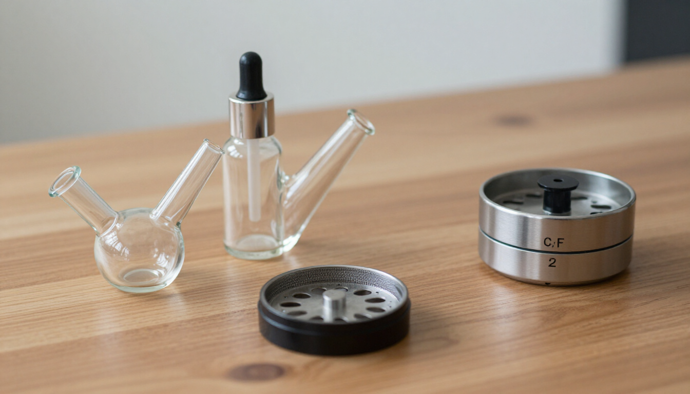 A collection of modern cannabis consumption tools and craft flower.