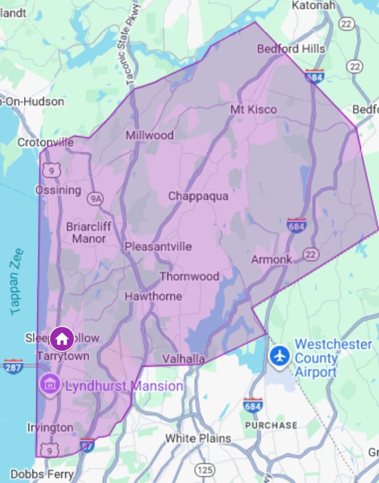 Map of Quality High Westchester cannabis delivery zone including Tarrytown, Chappaqua, Armonk, and Briarcliff