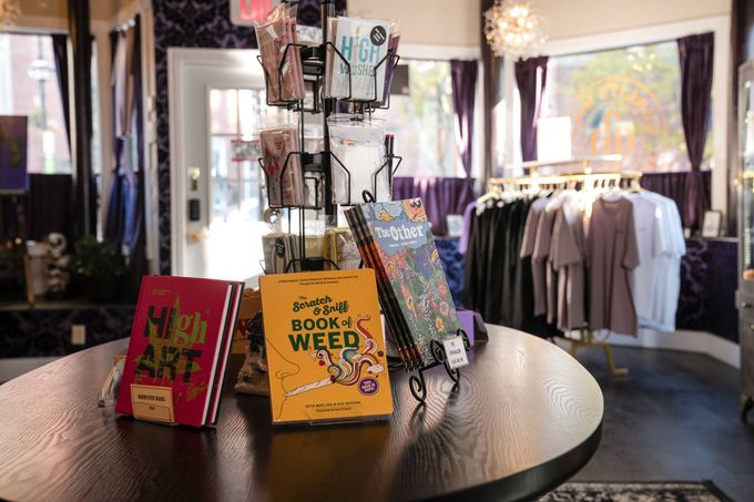 Display of the best NY cannabis products, pre-rolls and craft cannabis flower on a purple velvet background