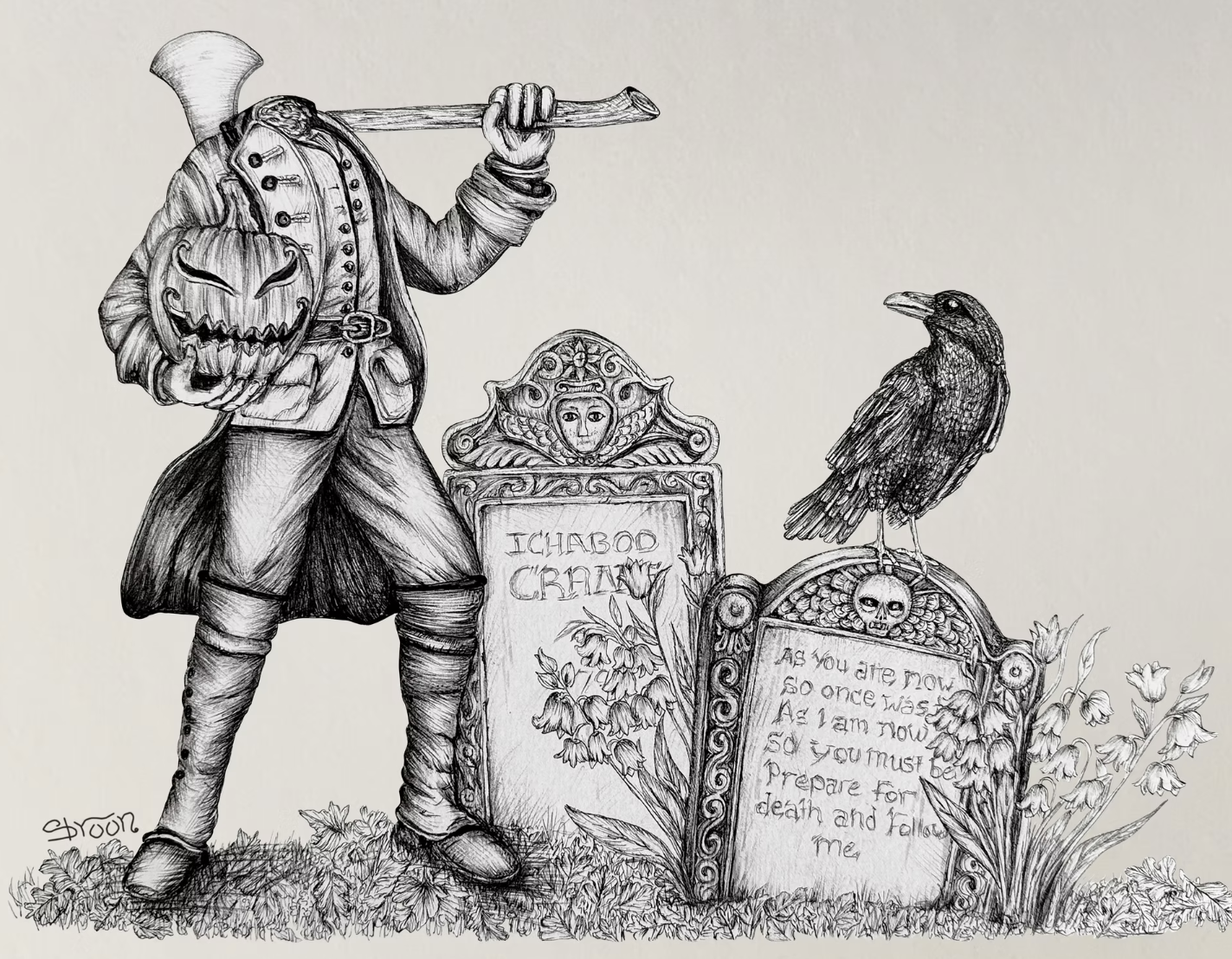 Pen and ink drawing of headless horseman in front of grave of Ichabod Crane drawn by artist Shroon on display at Sleepy Hollow cannabis dispensary.