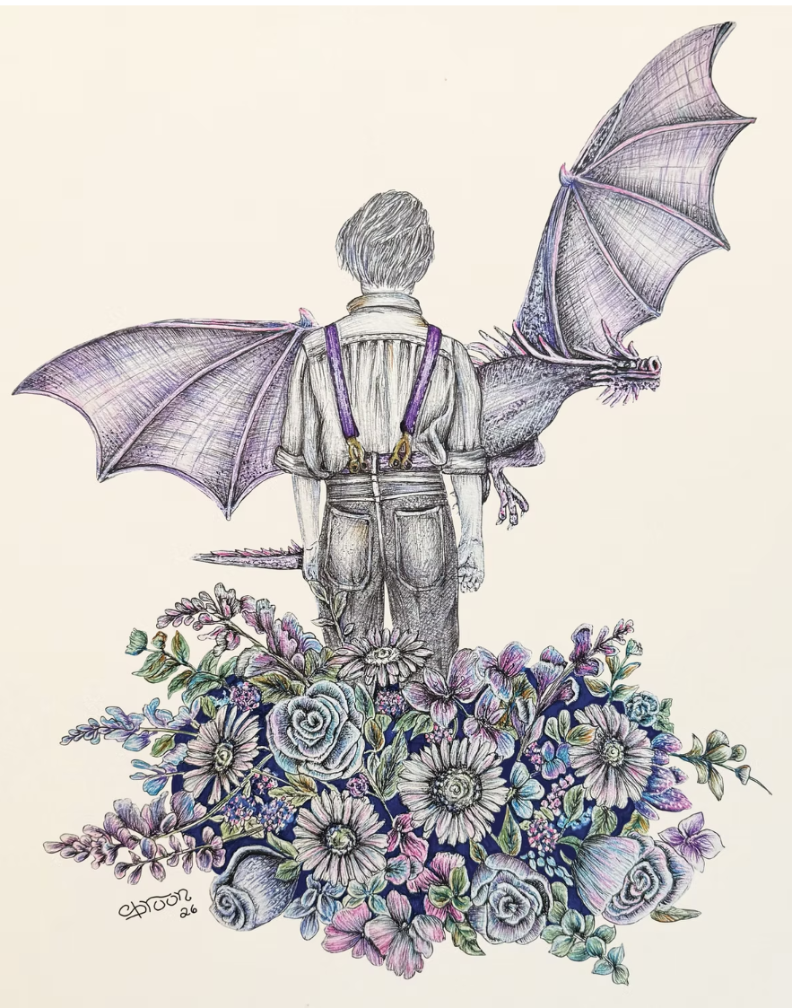 Pen and ink drawing of boy and pruple dragon drawn by artist Shroon on display at Sleepy Hollow cannabis dispensary.