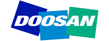The doosan logo is blue , green and white.