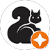 Black squirrel logo in a white circle with an orange sparkle badge