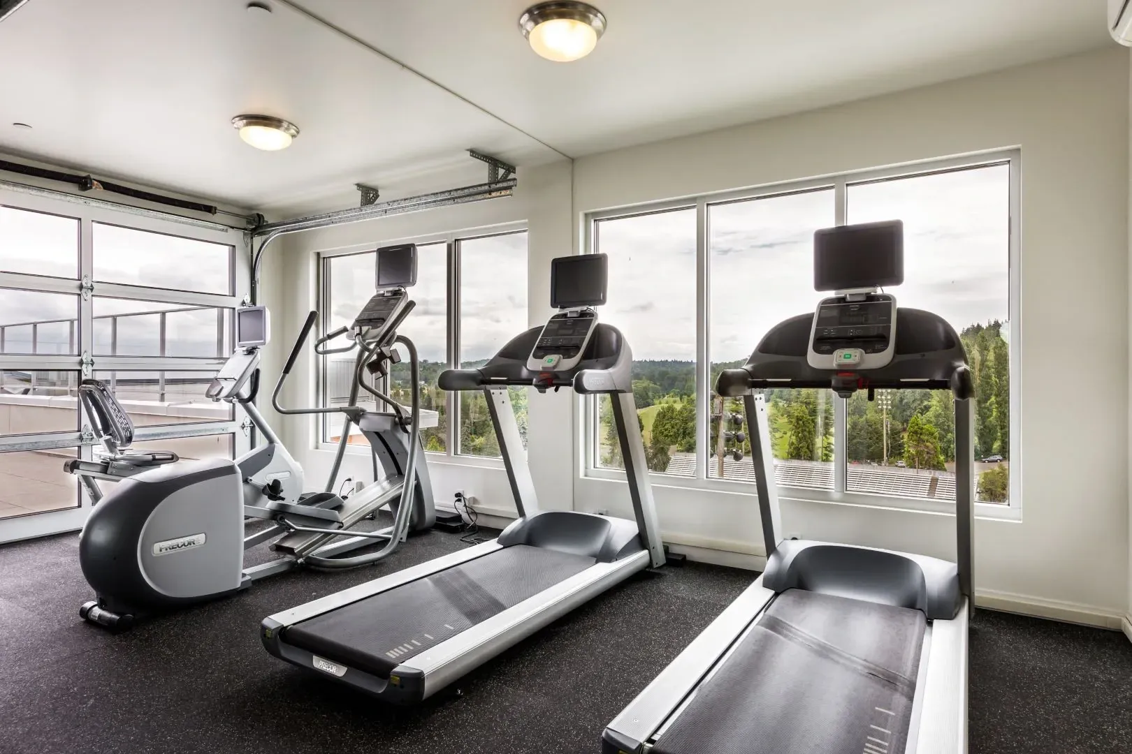 Treadmills and ellipticals in a modern fitness center with large windows overlooking green hills.