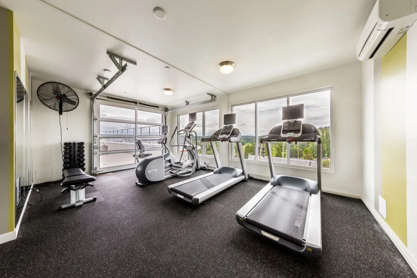 Gym with treadmills, elliptical, stationary bike, and weight bench. Large windows offer views of greenery.