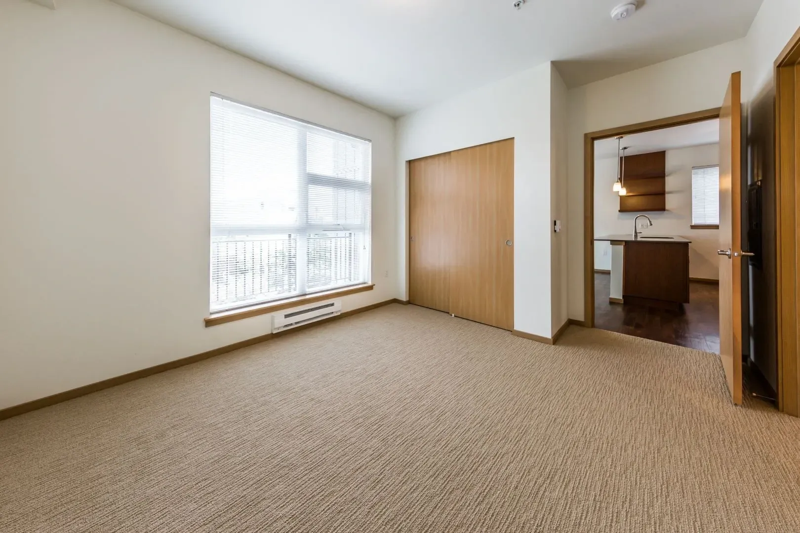 Living room with large window and closet, leading to kitchen.