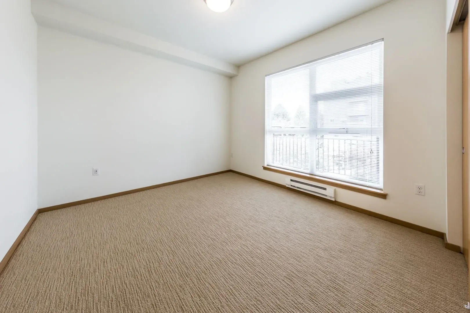 Empty bedroom with large window and carpet.