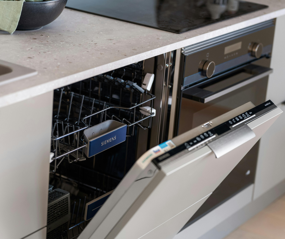 A kitchen with a dishwasher that has the door open