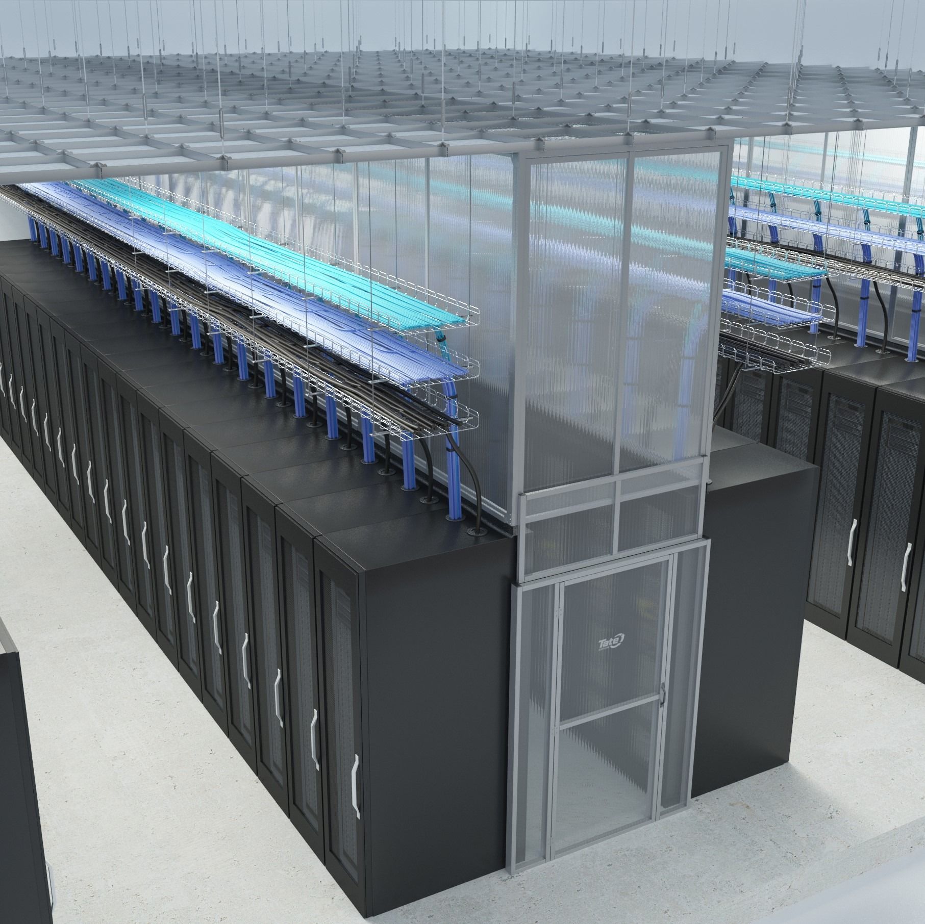 A render of server racks in a data center with a hot aisle containment system featuring overhead cooling ducts.
