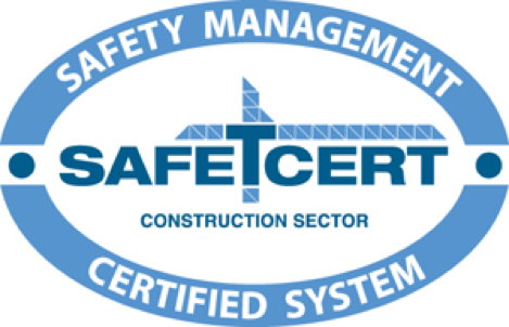 A blue oval logo for SafetCert Construction Sector, featuring a crane graphic on the letter T and text about safety systems.