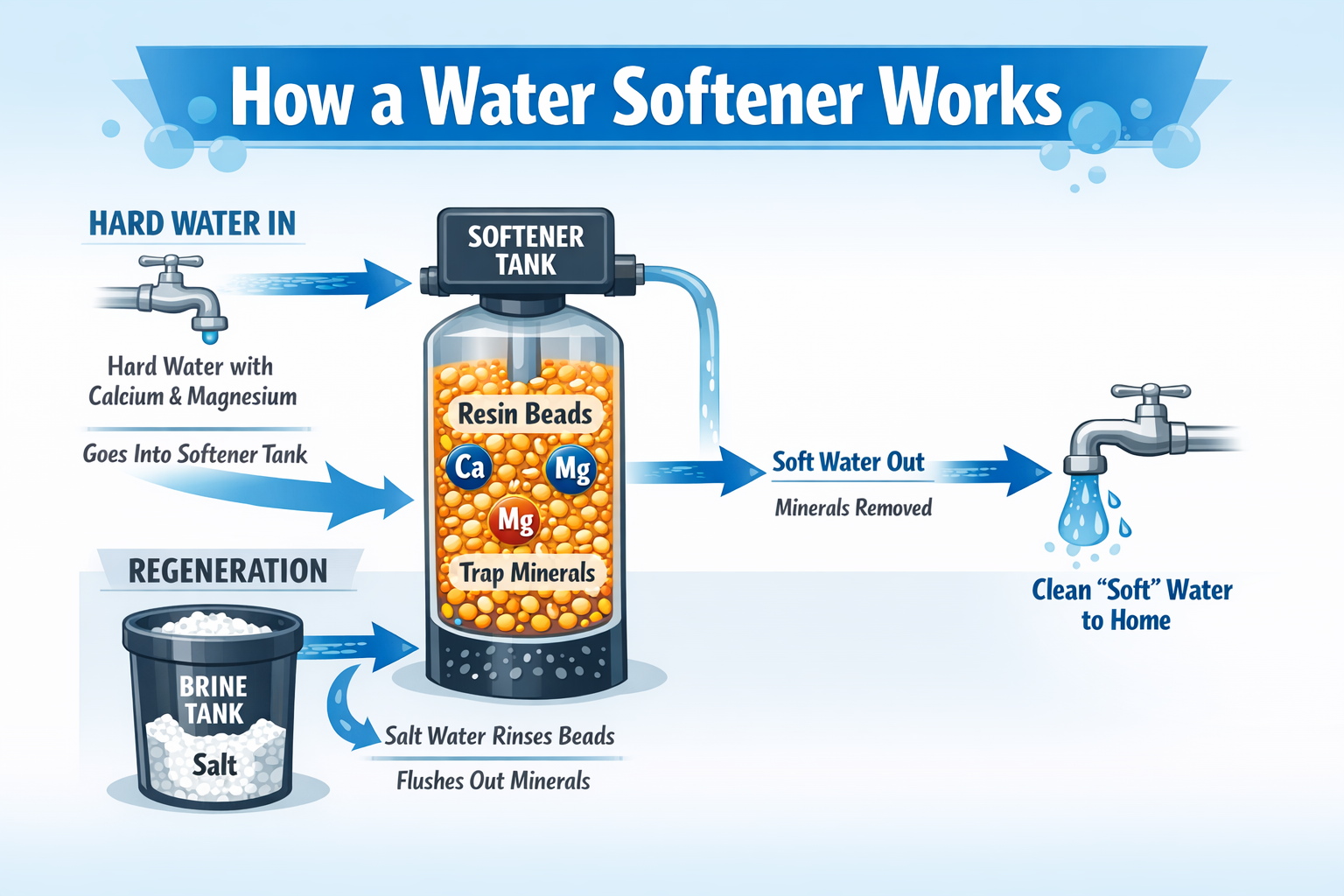 A diagram showing how a water softener uses resin beads and a salt brine tank to remove minerals and soften home water.