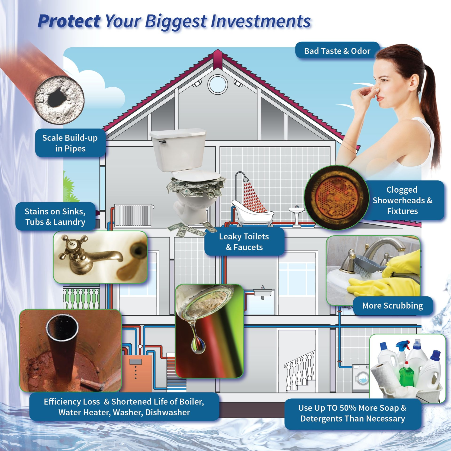 An infographic highlighting the negative impacts of hard water on home plumbing, appliances, and cleaning efforts.