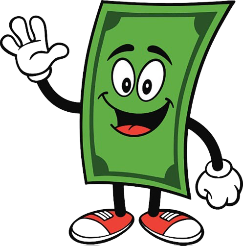 A green cartoon paper bill character with a smiling face and white gloves waving hello, wearing red and white sneakers.