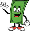 A green cartoon paper bill character with a smiling face and white gloves waving hello, wearing red and white sneakers.