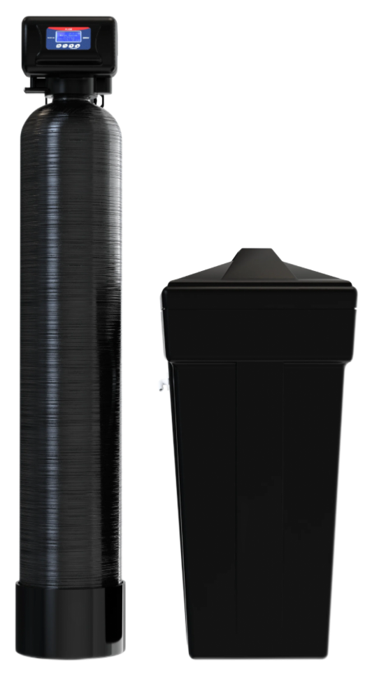 A black water softener system featuring a tall, slender resin tank and a shorter, square brine tank.