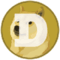 A doge coin in a circle on a white background.
