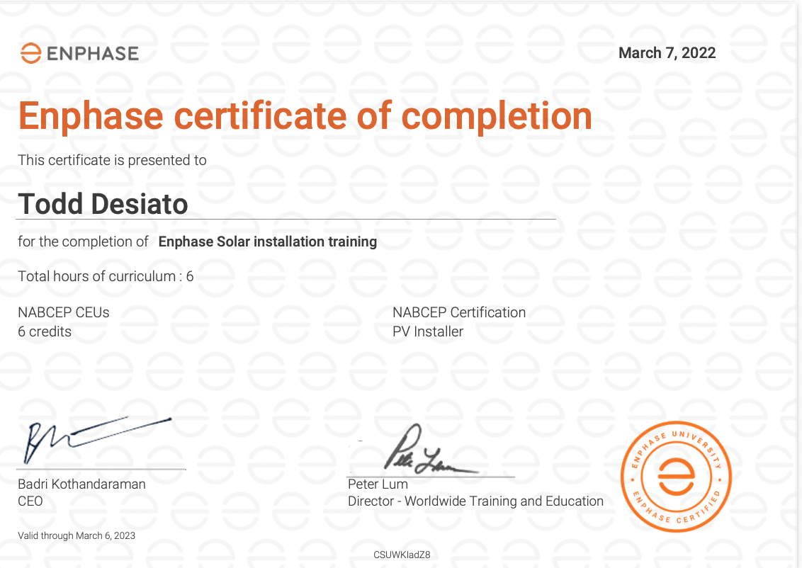 An enphase certificate of completion for todd desiato