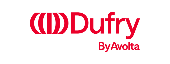 The dufry by avolta logo is red and white on a white background.