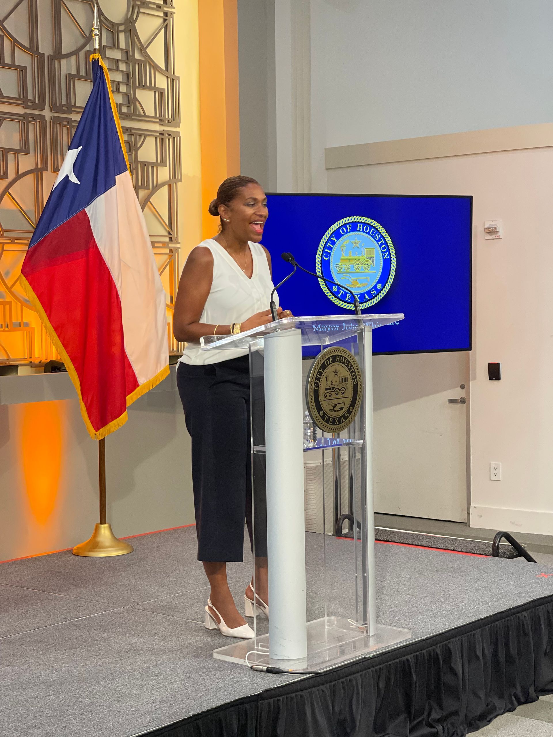 A woman is standing at a podium giving a speech in front of a texas flag.
