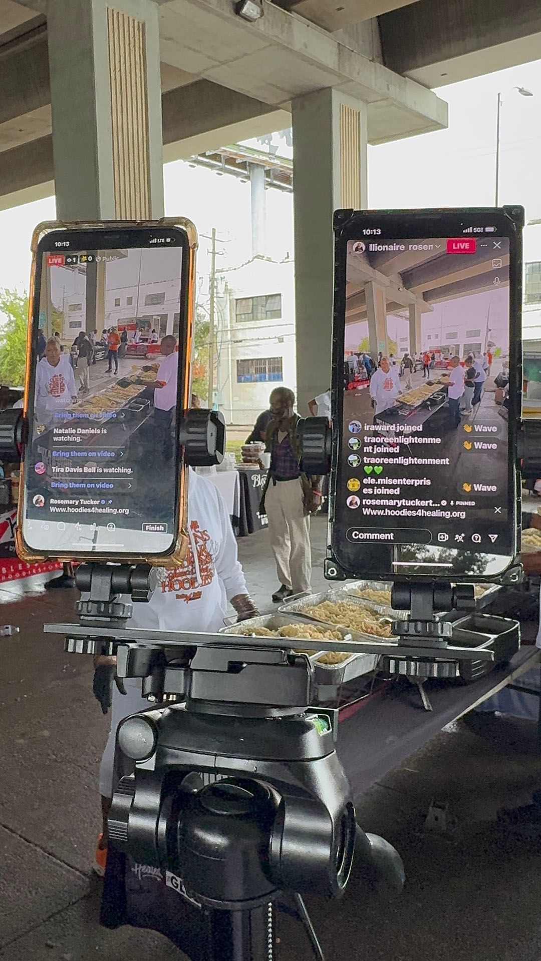 A couple of phones sitting on top of a tripod.