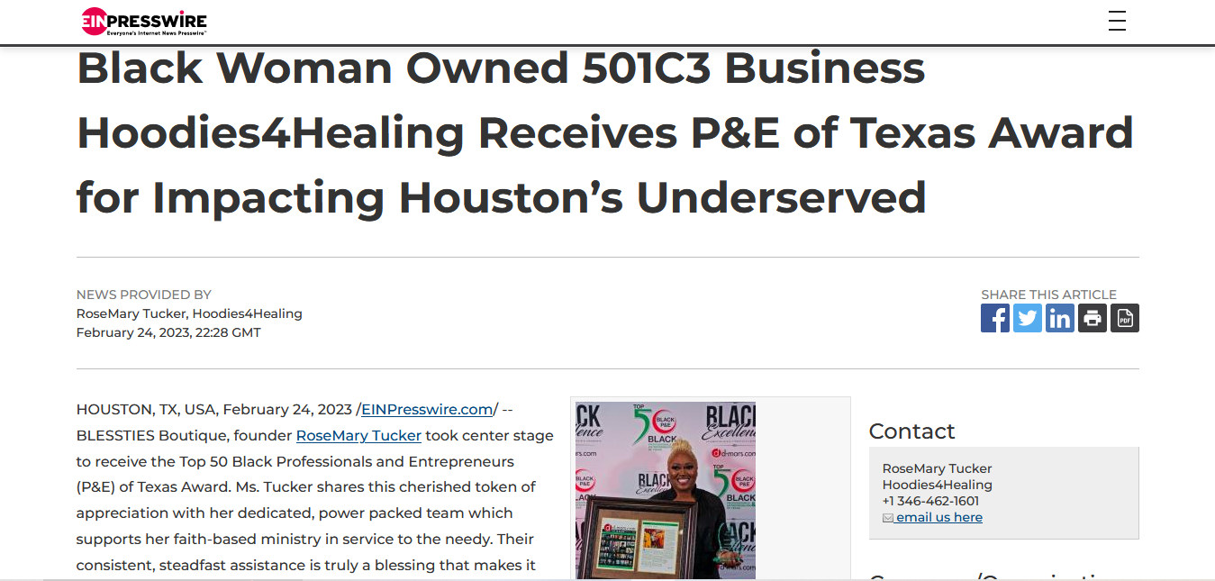 Black woman owned 501c3 business hoodies4healing receives p & e of texas award for impacting houston 's underserved