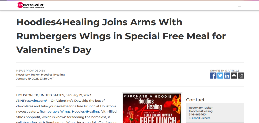Hoodies4healing joins arms with rumbergers wings in special free meal for valentine 's day