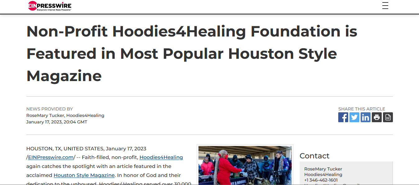 The non-profit hoodies4healing foundation is featured in most popular houston style magazine