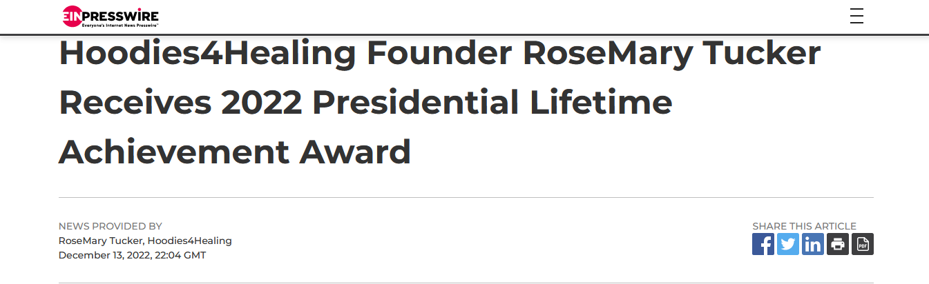 Hoodies4healing founder rosemary tucker receives 2022 presidential lifetime achievement award