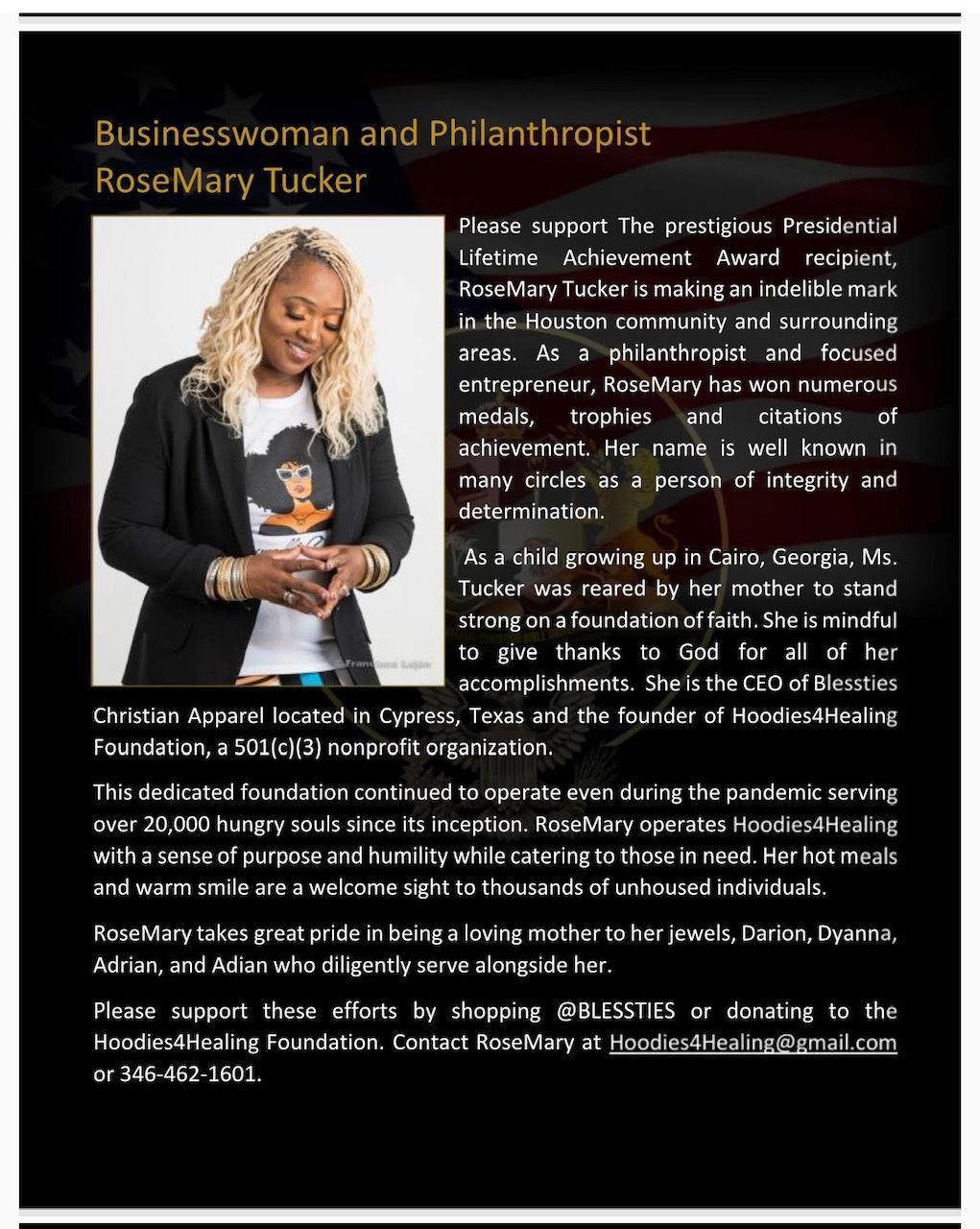 A businesswoman and philanthropist rosemary tucker is standing in front of a black background.
