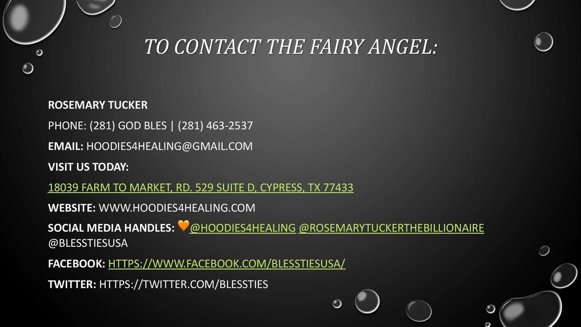A black background with bubbles and the words to contact the fairy angel