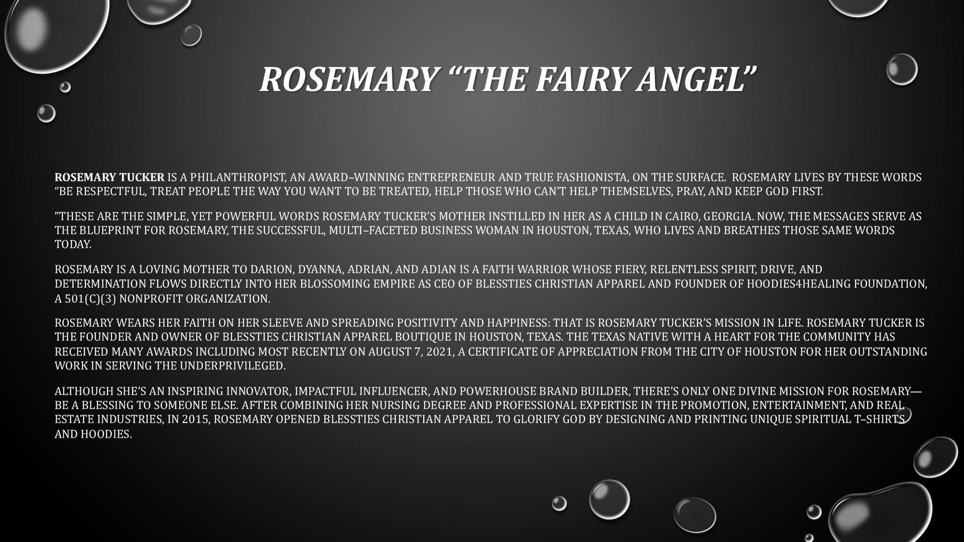 A black background with bubbles and text that says rosemary the fairy angel