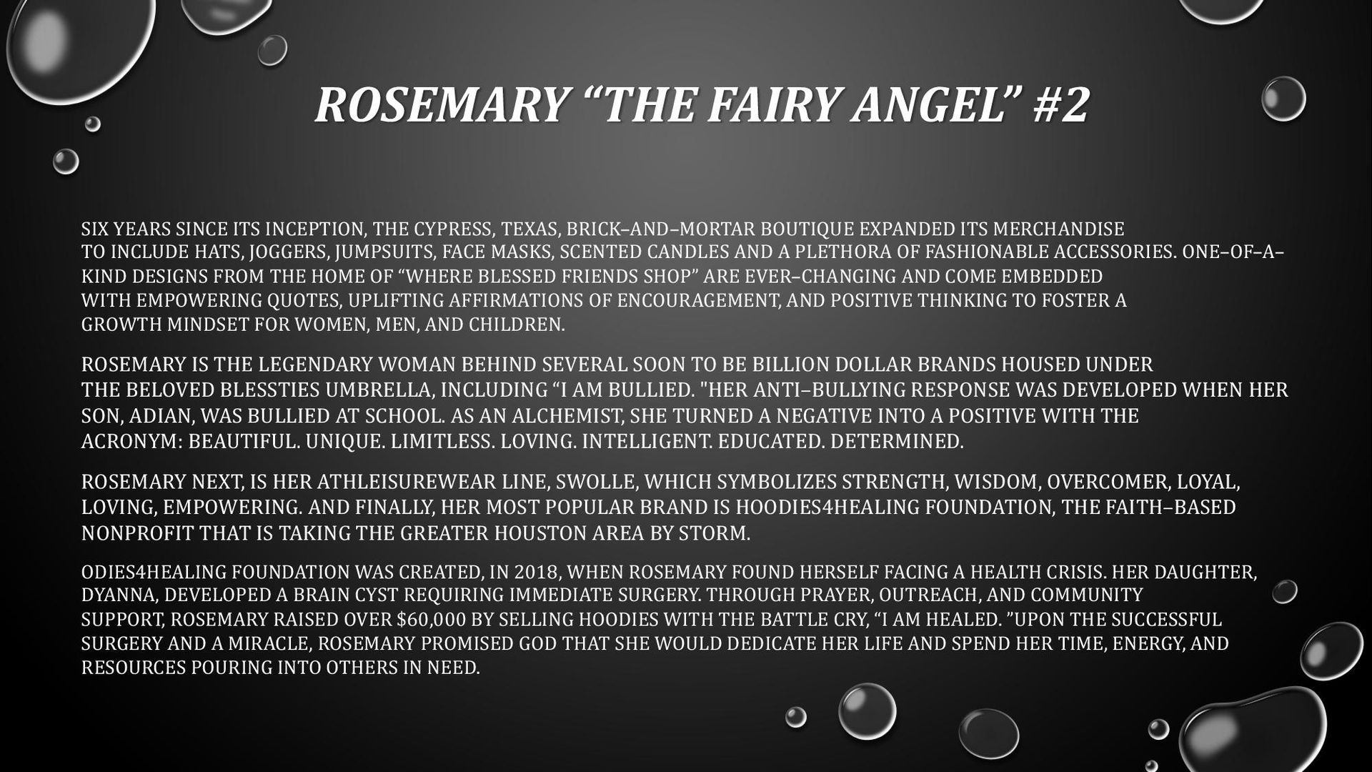 A blackboard with bubbles and text that says rosemary the fairy angel # 2