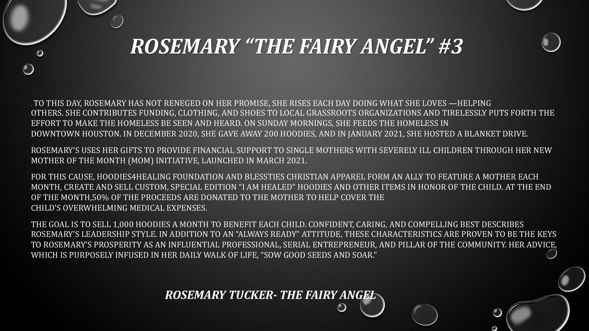 A chalkboard with bubbles and text that says rosemary the fairy angel # 3