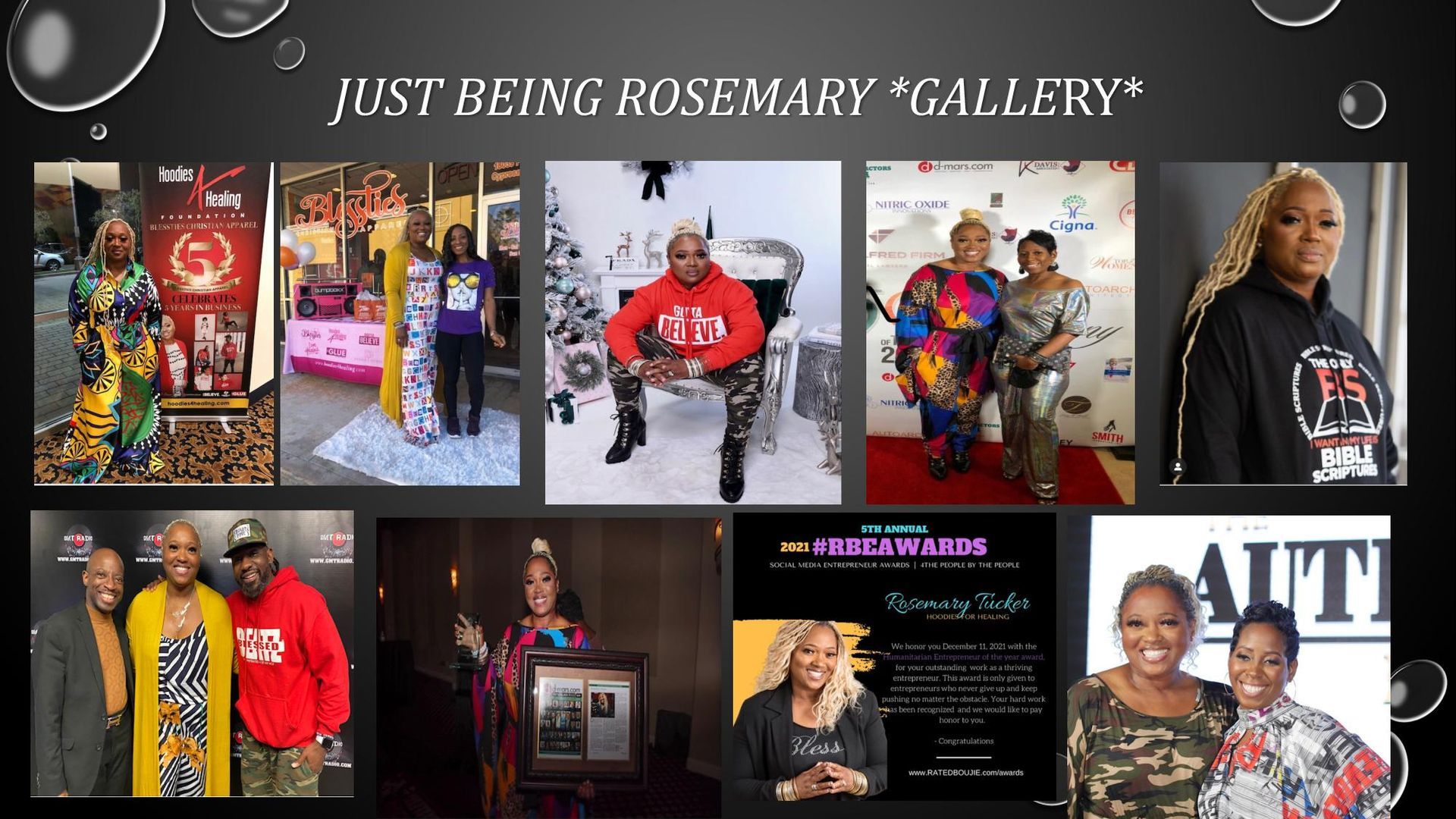 A collage of photos of people with the caption just being rosemary gallery