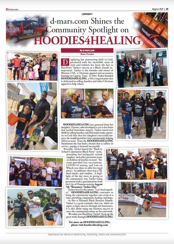 A newspaper article about a community spotlight on hoodies4healing.