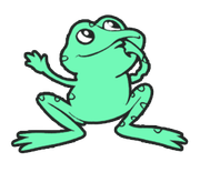 Green cartoon frog with one arm raised, tongue out, and eyes up.