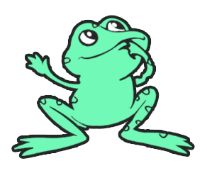 Green cartoon frog with one arm raised, tongue out, and eyes up.