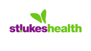 Logo for St. Luke's Health: Purple and green text with a leaf-like graphic above 