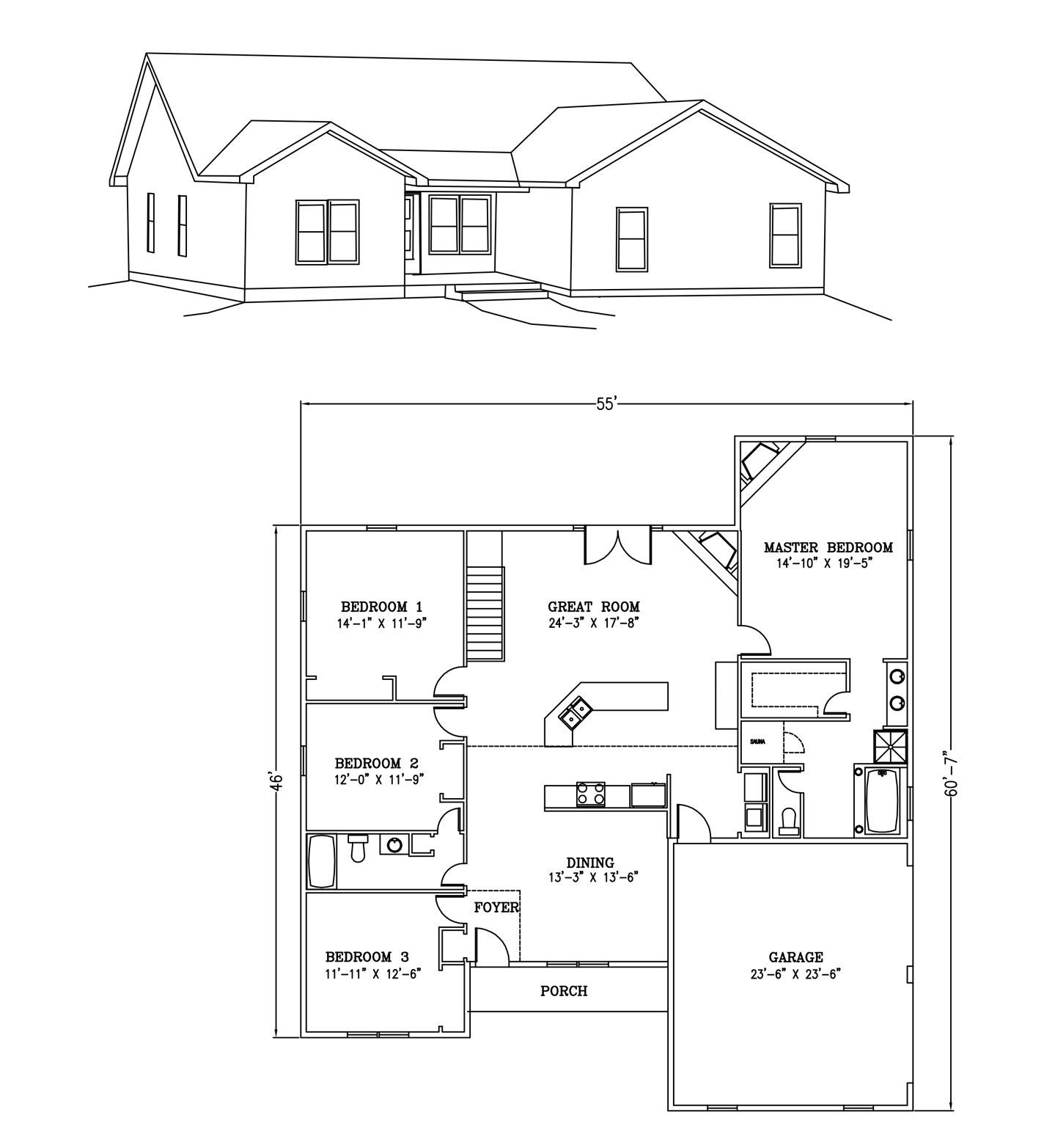 a black and white drawing of a house and its floor plan .