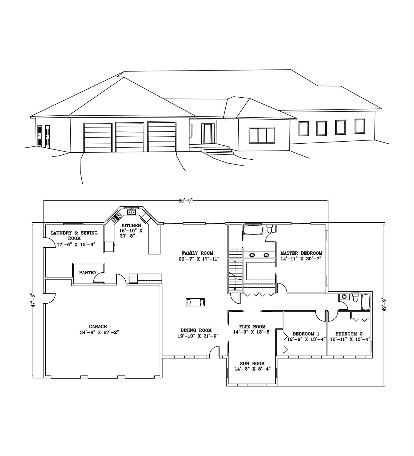a black and white drawing of a house and its floor plan .