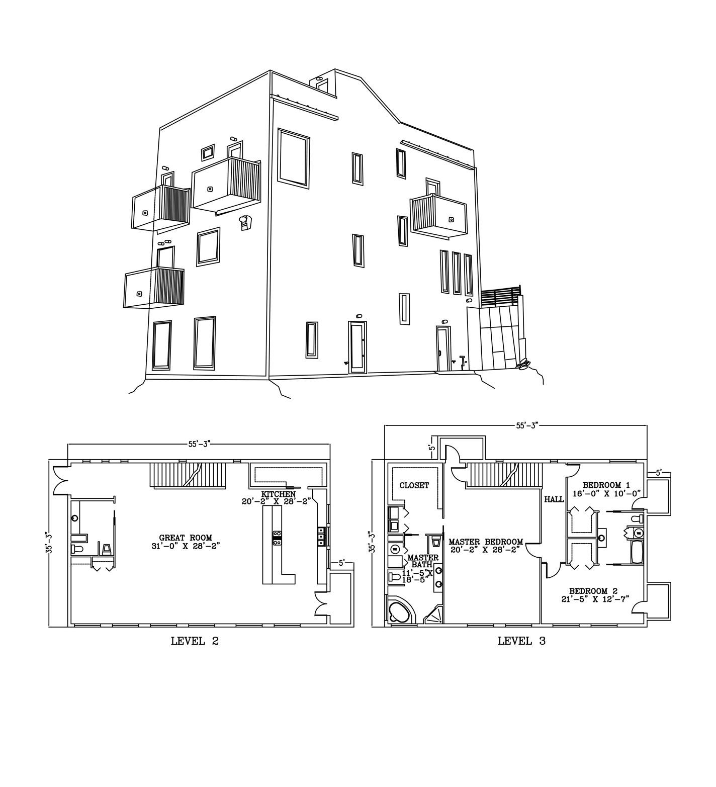 a black and white drawing of a building and its floor plans .