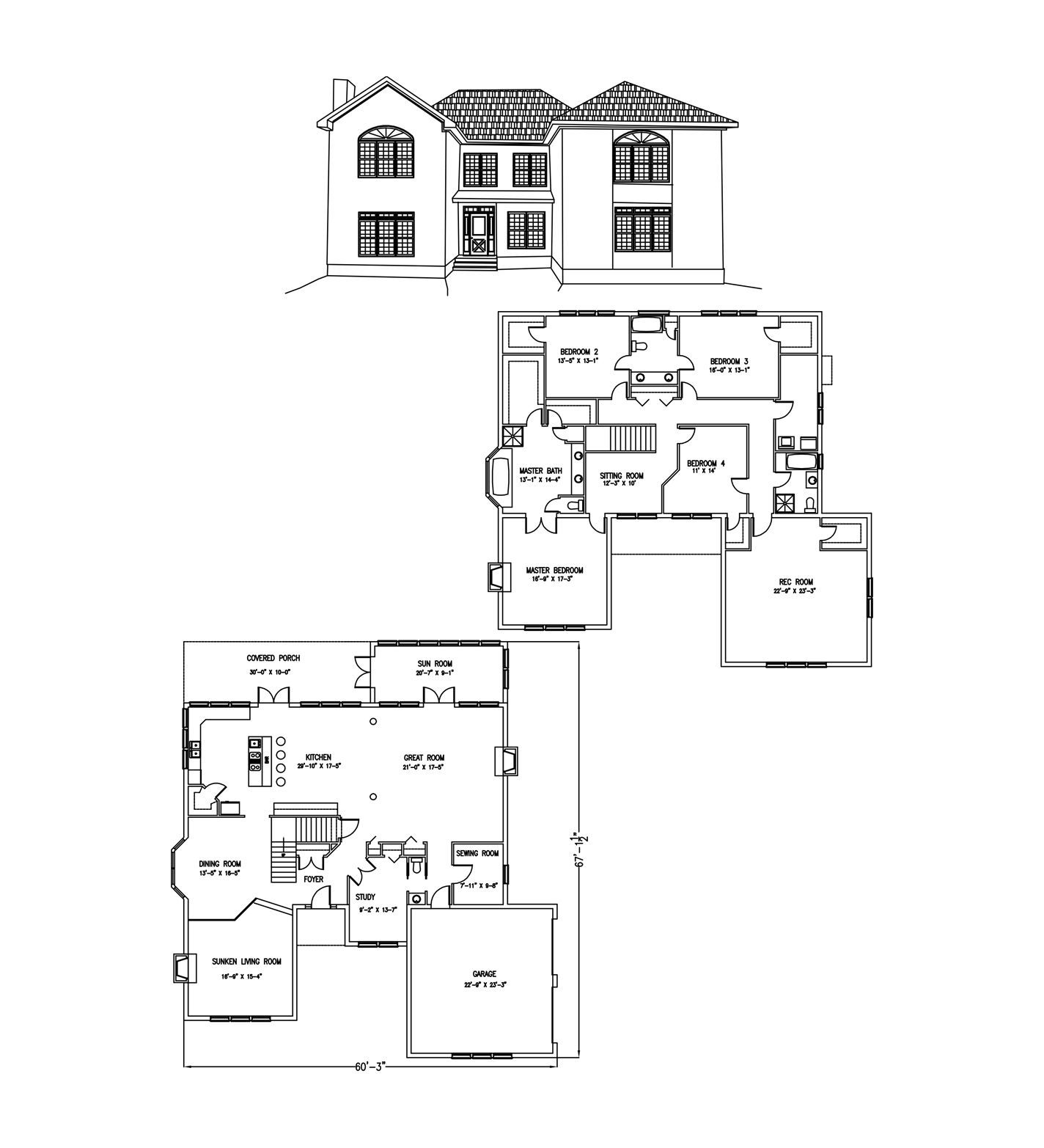 a black and white drawing of a house and its floor plans .