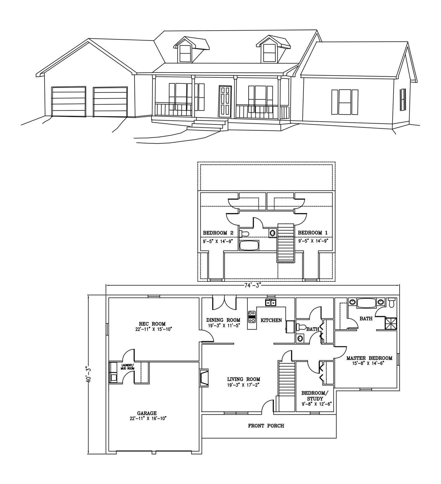 a black and white drawing of a house with three floor plans .